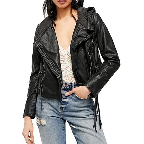 Free People We The Free Cleo Hooded Vegan Leather Moto Jacket Size M